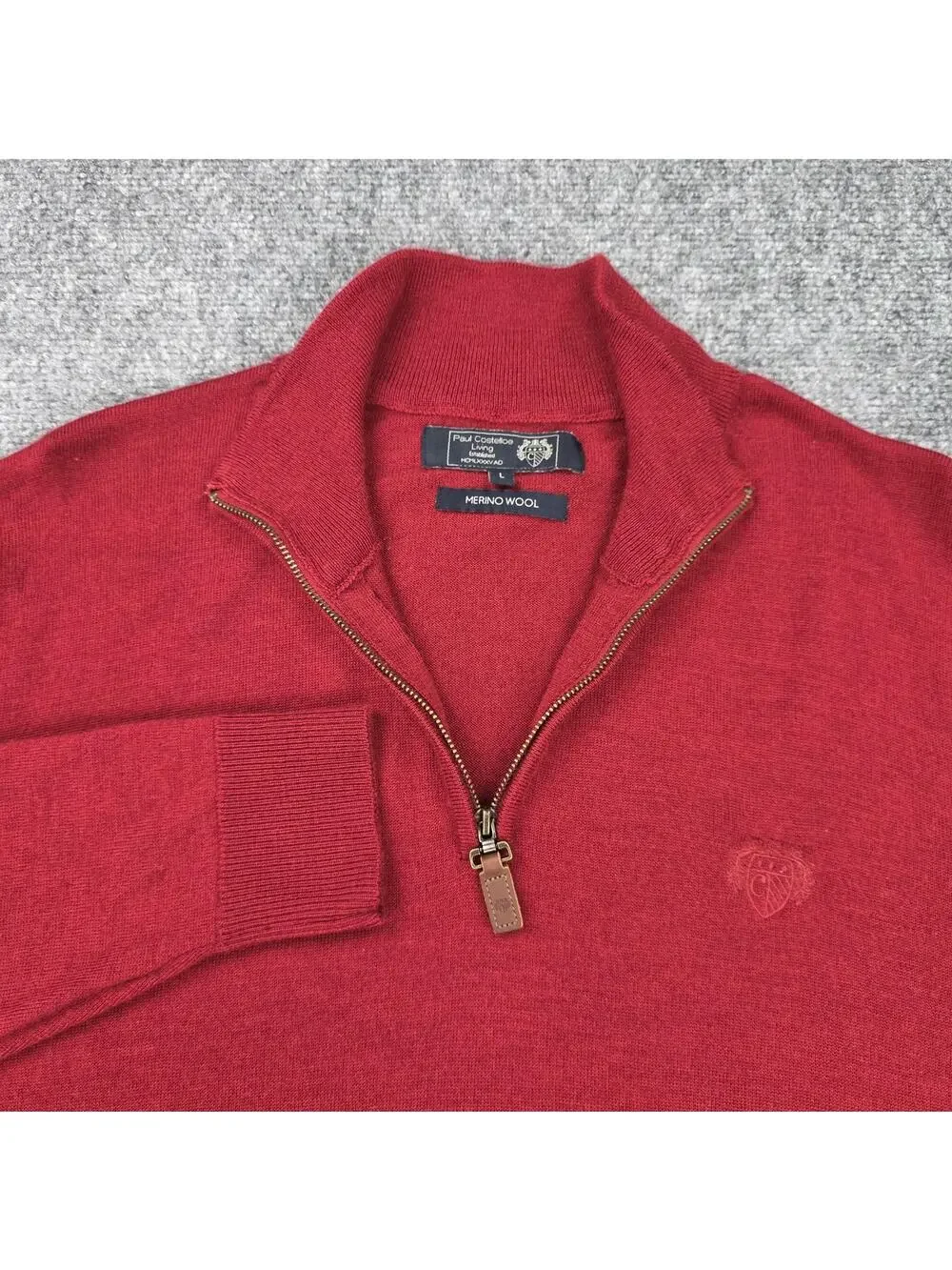 Paul Costelloe Living Sweater Mens Large Red Merino Wool 1/4 Zip Mock Neck
